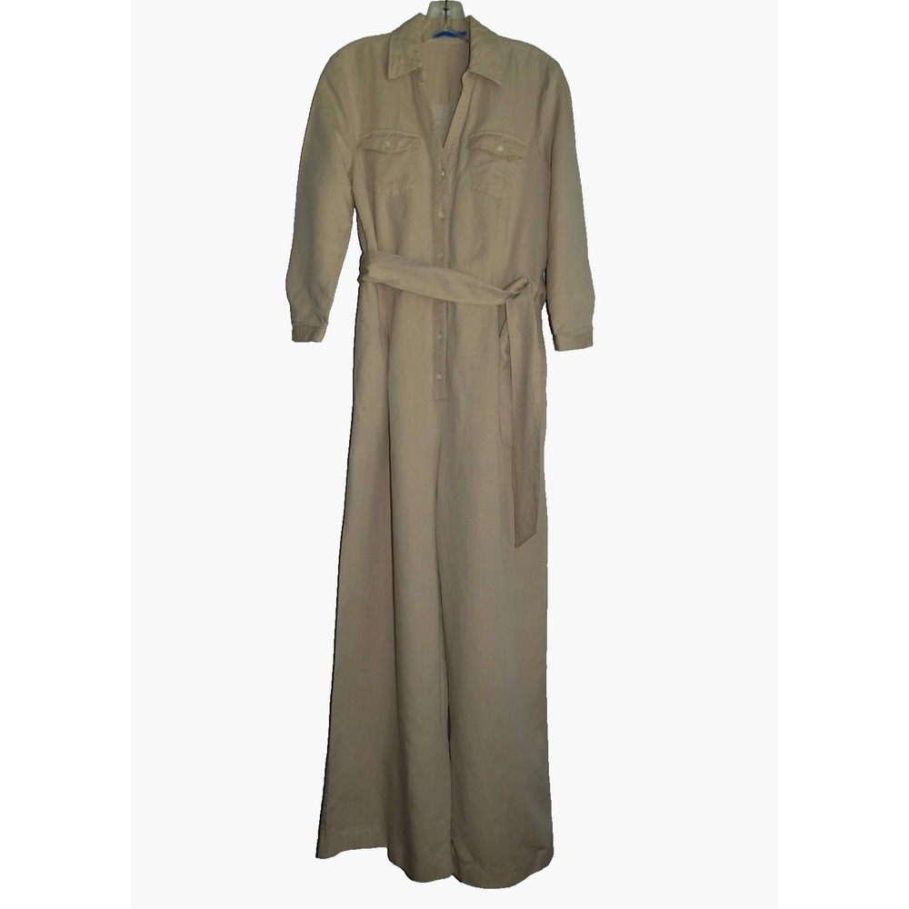 J. Mclaughlin Beige Linen Blend Jumpsuit Wide Leg Belted Collared Button Size M